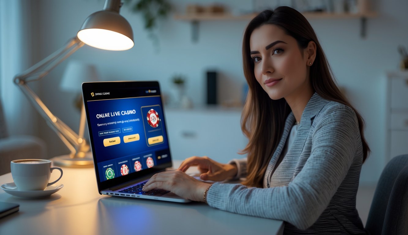 Seorang wanita muda duduk di meja dengan laptop, terlihat fokus menggunakan platform kasino online di ruang kerja yang nyaman.