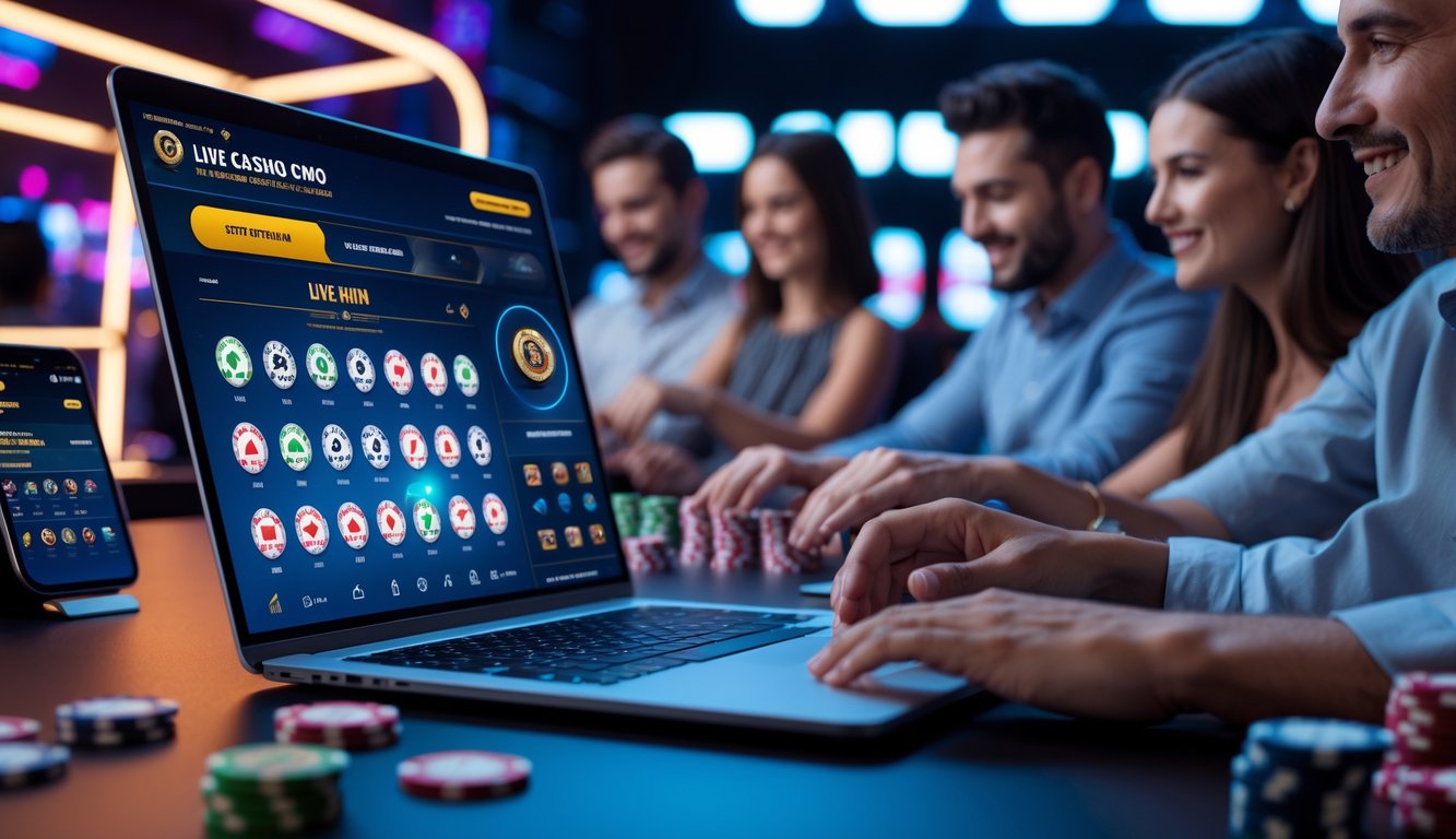 Orang-orang bermain permainan kasino online di laptop dan ponsel dengan suasana modern dan lampu neon di latar belakang.