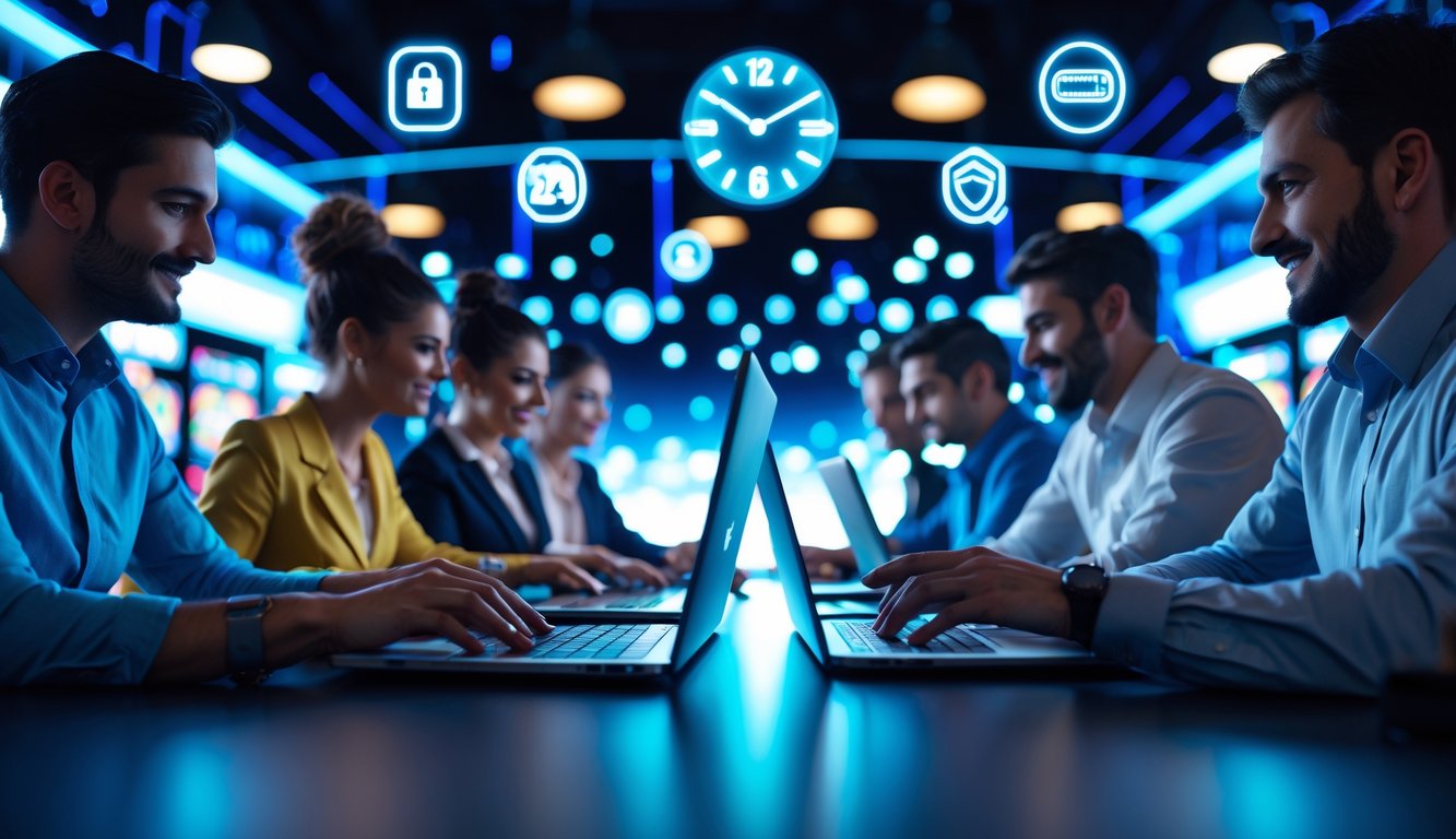 Orang-orang menggunakan laptop dan ponsel untuk bermain kasino online dengan latar belakang simbol transaksi dan jam yang menunjukkan layanan 24 jam nonstop.