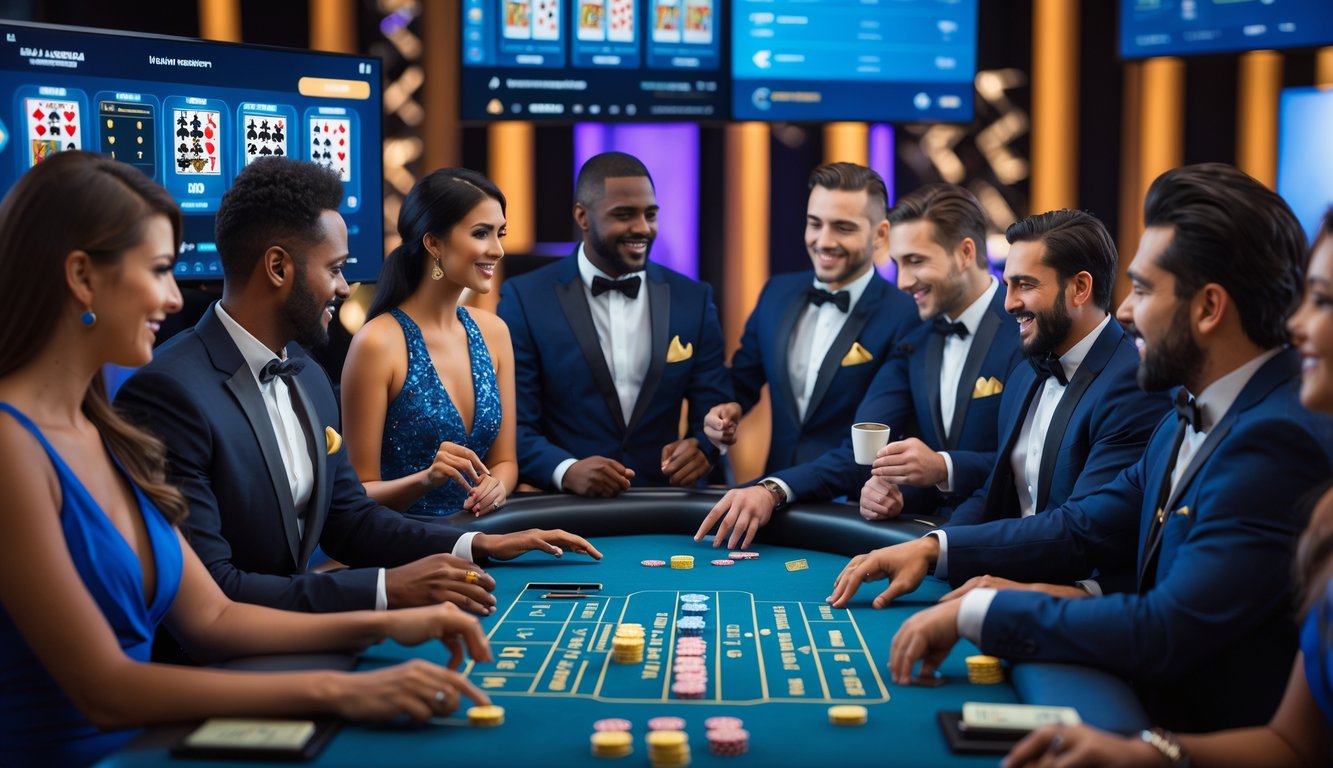 Seorang dealer profesional di studio kasino online dengan meja kartu dan chip, berinteraksi dengan pemain melalui perangkat streaming.