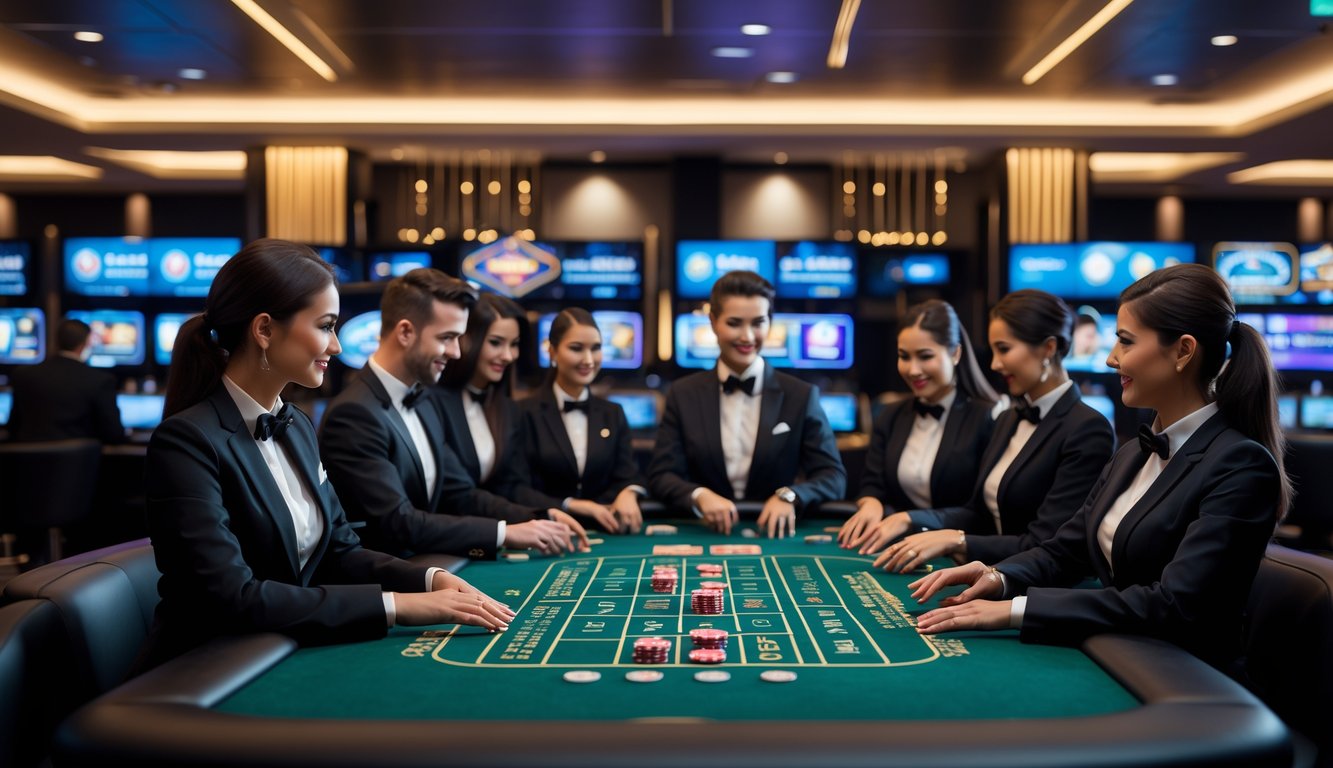 Seorang dealer profesional sedang bekerja di meja kasino langsung dengan latar belakang layar permainan dan simbol pembayaran online.