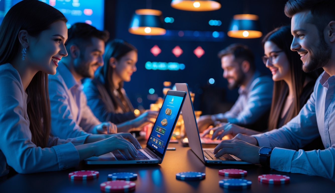 Beberapa orang bermain permainan kasino langsung secara online menggunakan laptop dan ponsel di lingkungan yang modern dan nyaman.