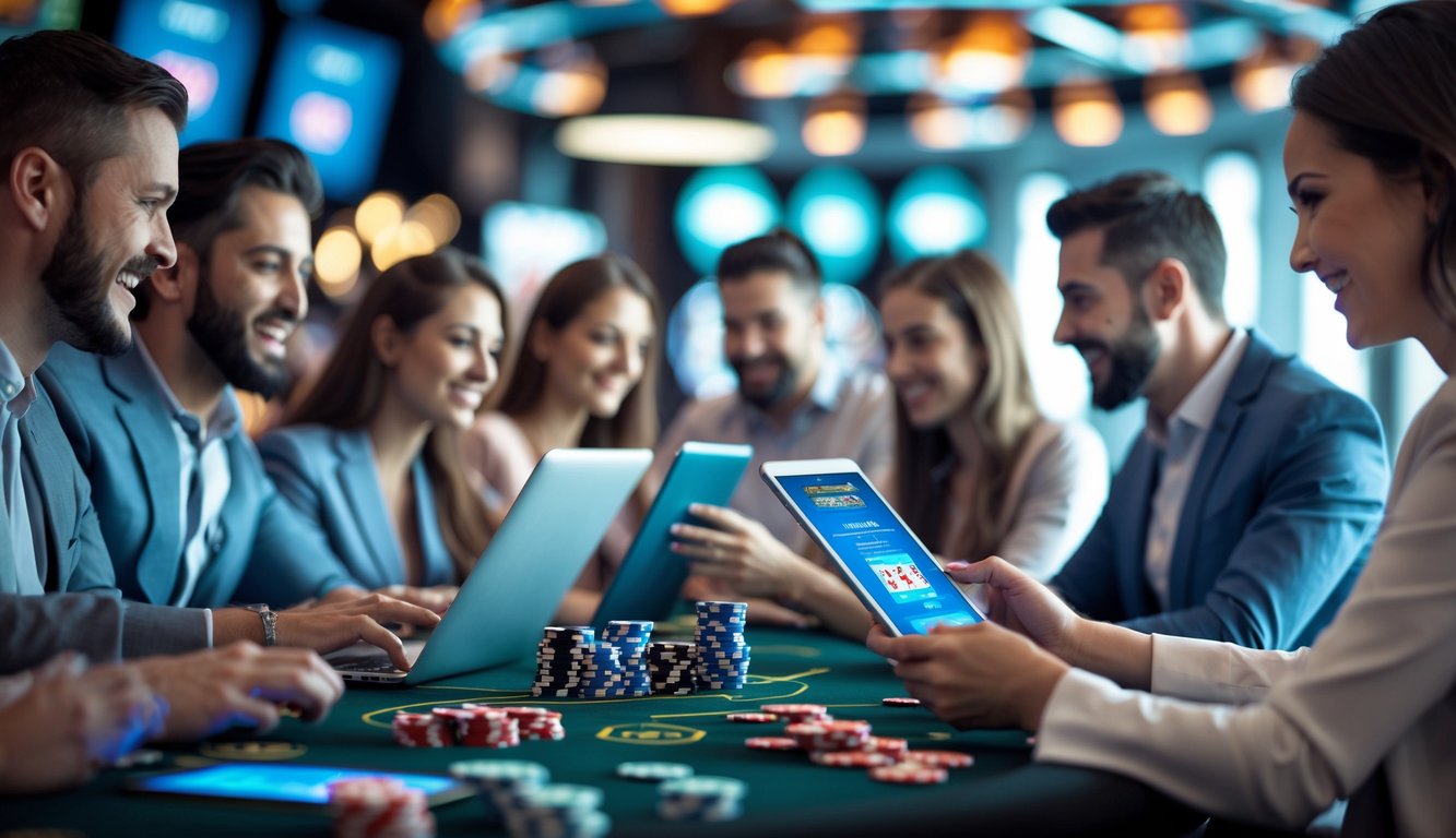 Beberapa orang sedang menggunakan perangkat digital untuk bermain live casino online dengan latar belakang elemen kasino seperti kartu dan roda roulette.