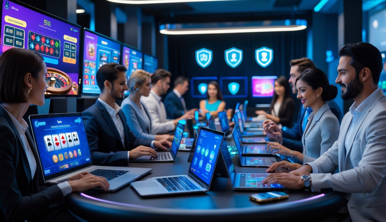 Orang-orang bermain kasino online dengan komputer dan ponsel di ruangan modern yang terang dan aman.