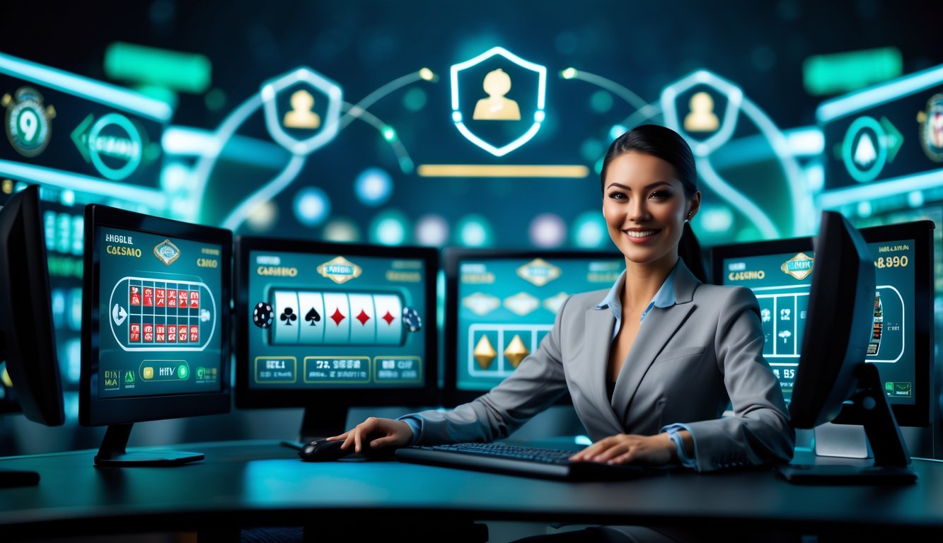 Seorang agen kasino online profesional duduk di depan beberapa layar komputer yang menampilkan permainan kasino langsung dengan latar belakang simbol keamanan digital.