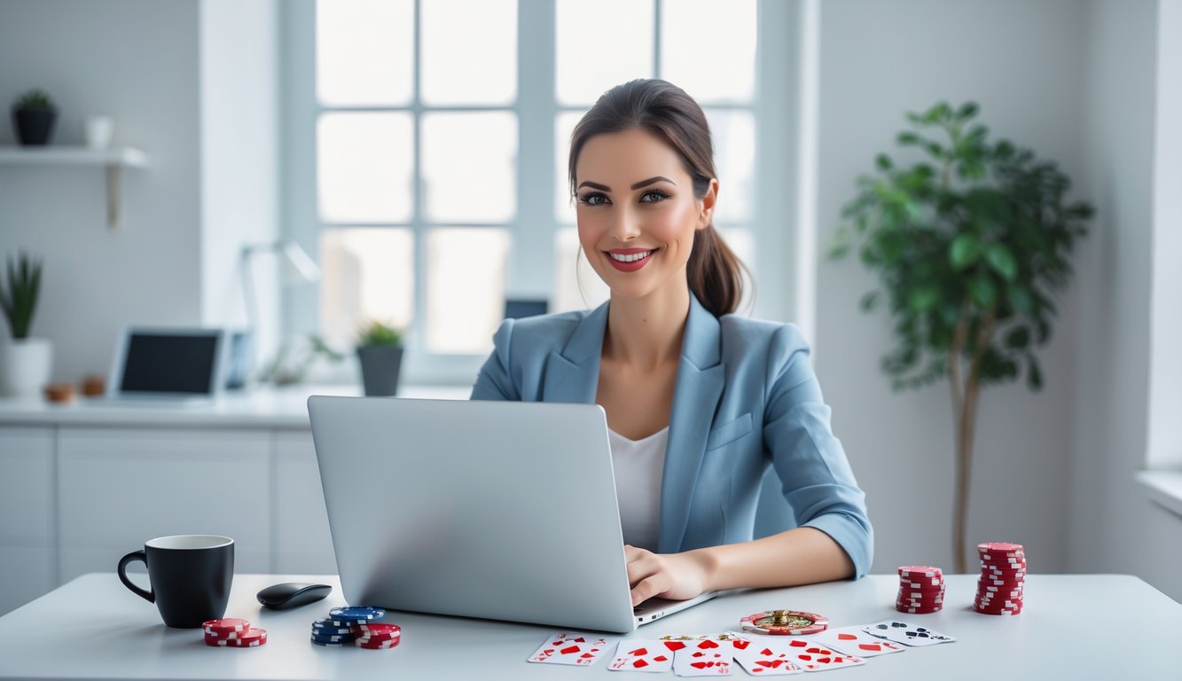 Seorang wanita muda duduk di meja dengan laptop, terlihat fokus dan tersenyum saat menggunakan situs kasino langsung online di ruang kerja yang terang dan rapi.