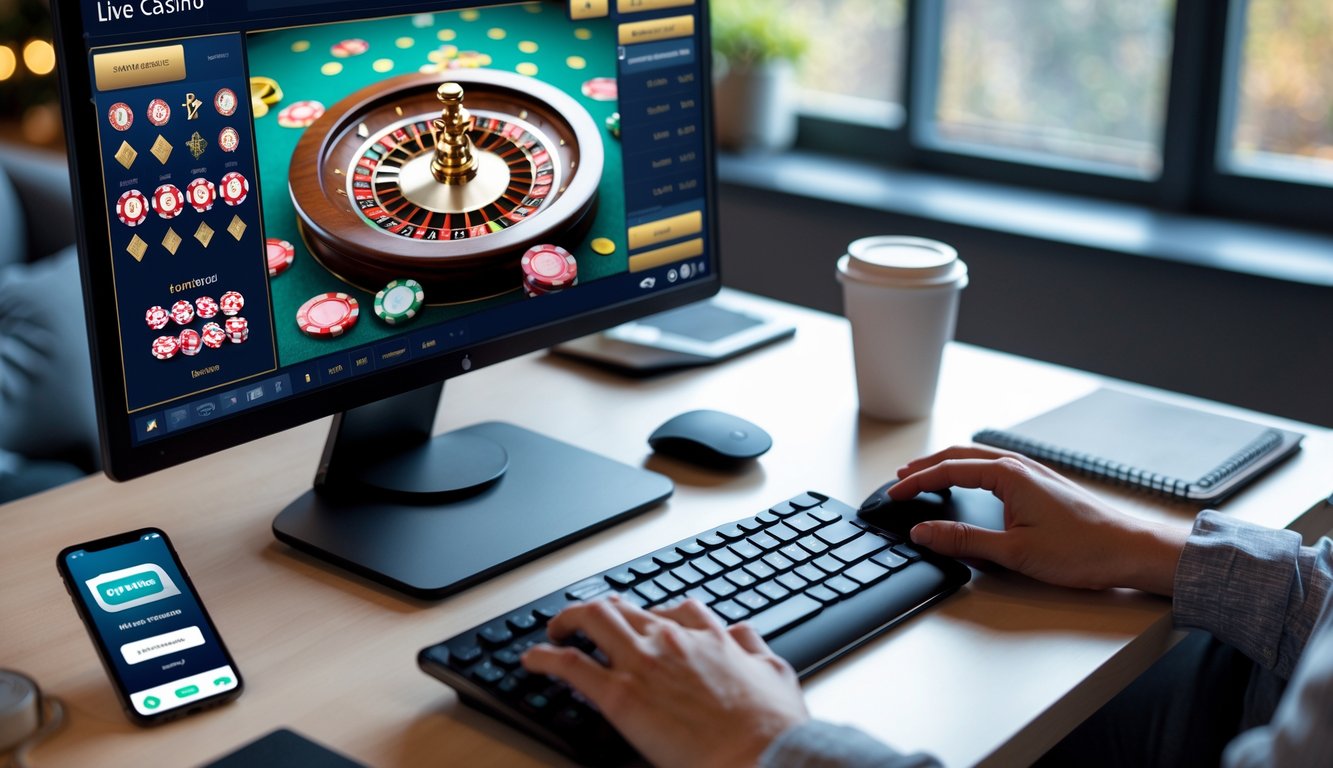 Seseorang menggunakan komputer di meja kerja dengan layar menampilkan permainan kasino langsung, di sekitar meja terdapat ponsel, kopi, dan alat tulis.