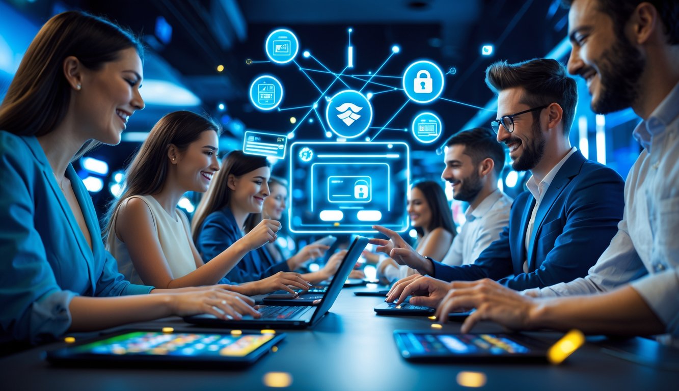 Orang-orang menggunakan perangkat digital untuk bermain kasino online dengan simbol pembayaran digital di latar belakang.