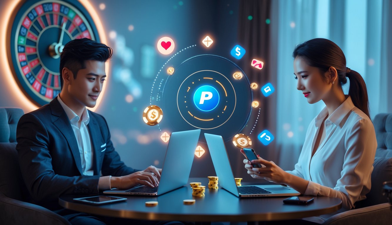 Dua orang muda sedang menggunakan laptop dan ponsel di rumah dengan suasana kasino online dan simbol pembayaran digital di sekitar mereka.