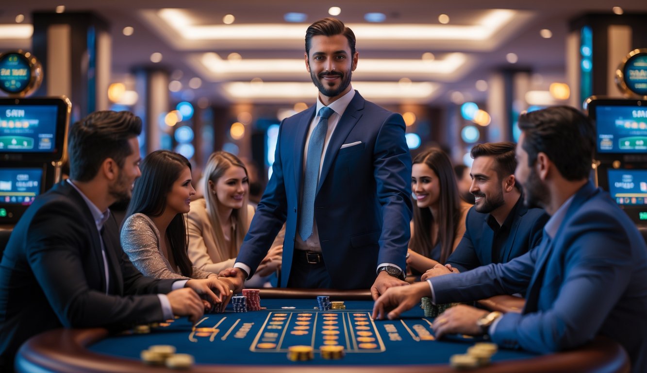 Seorang agen kasino profesional berdiri di depan meja permainan dengan pemain yang sedang bermain di kasino mewah.