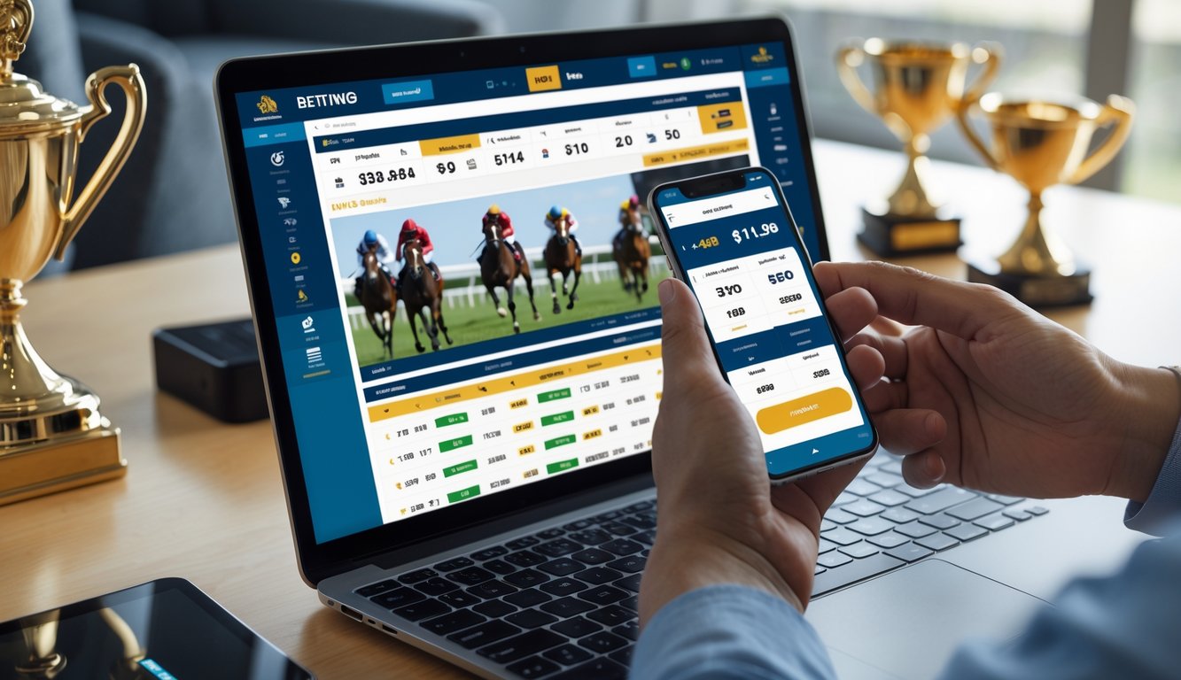 Seseorang menggunakan laptop dan ponsel untuk memasang taruhan balap kuda secara online di ruang kerja modern.