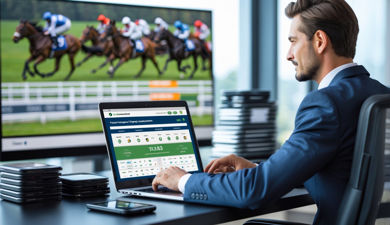 Seorang profesional menggunakan laptop di kantor modern dengan layar menampilkan balap kuda dan simbol pembayaran online yang aman dan cepat.