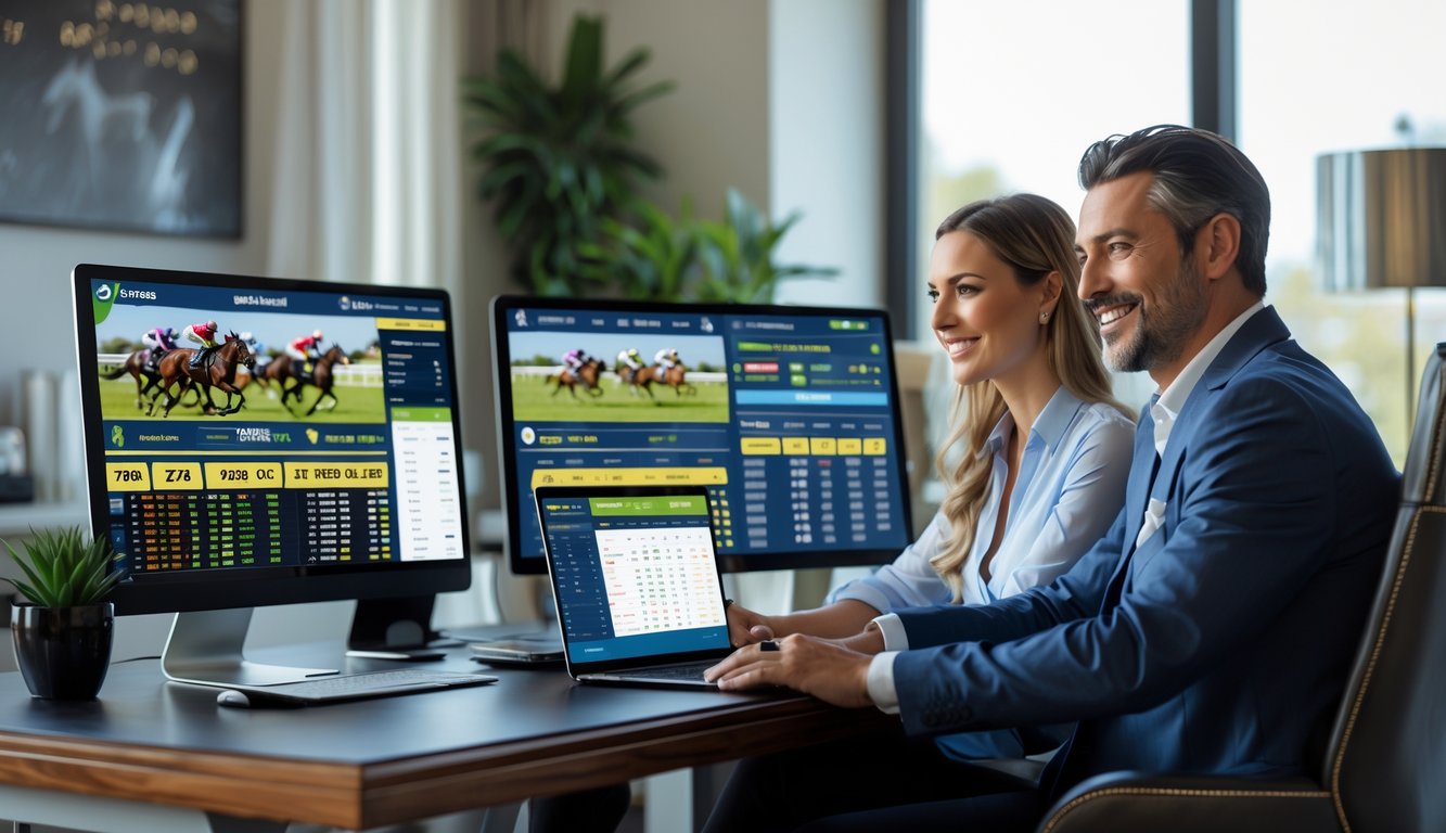 Dua orang dewasa di ruang kerja modern menggunakan komputer dan ponsel untuk memasang taruhan balap kuda secara online.