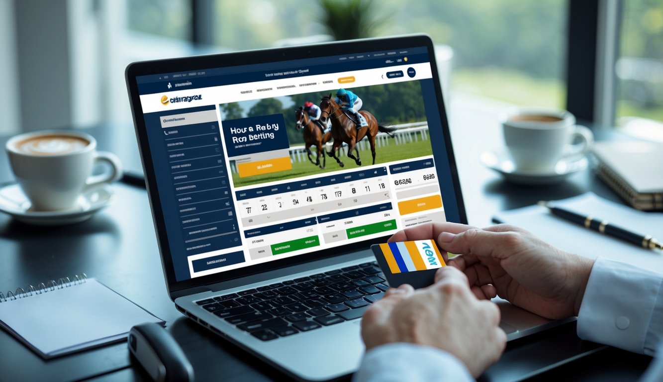 Seseorang menggunakan laptop untuk memasang taruhan balap kuda secara online dengan kartu pembayaran di meja kerja.