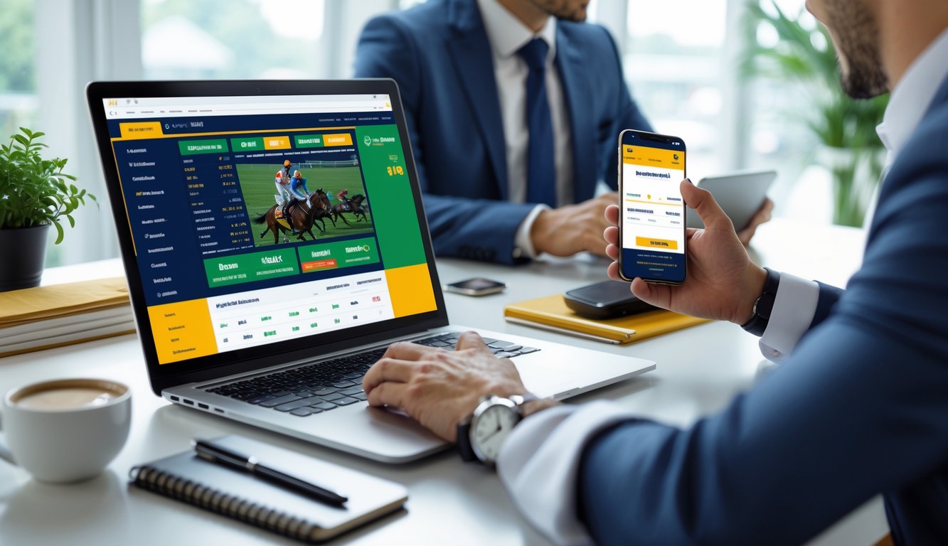 Seorang pria di meja kerja dengan laptop dan ponsel yang menampilkan aktivitas taruhan balap kuda online.