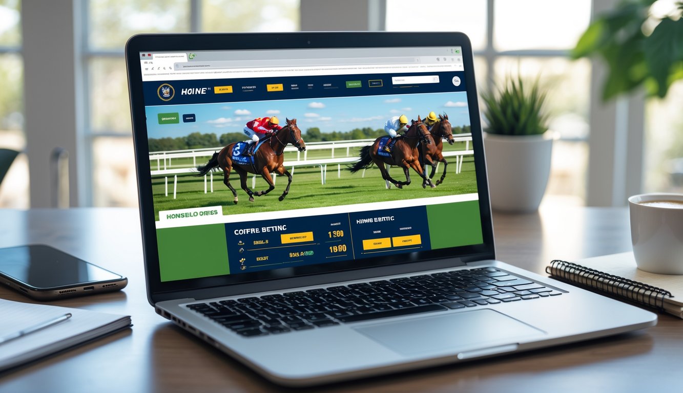 Seseorang menggunakan laptop di meja kerja dengan tampilan balap kuda online di layar, dikelilingi oleh smartphone dan cangkir kopi.