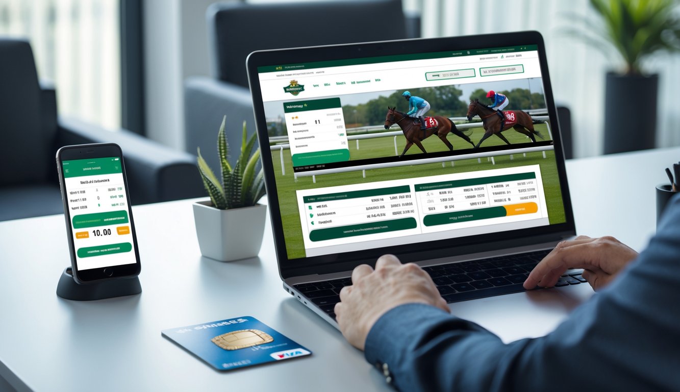 Seseorang menggunakan laptop untuk memasang taruhan balap kuda online dengan tampilan pembayaran dan jam menunjukkan layanan 24 jam.
