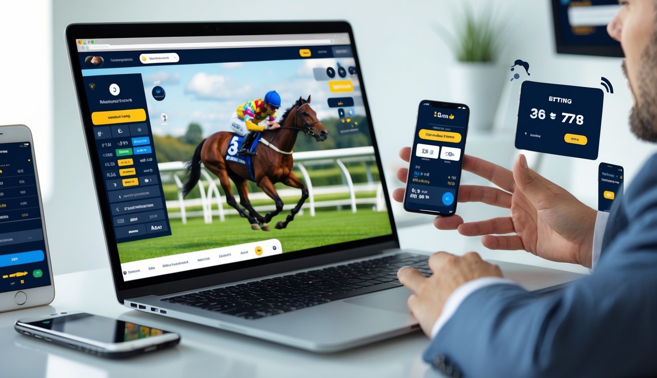 Seorang pria menggunakan laptop dan ponsel untuk memasang taruhan balap kuda secara online dengan tampilan streaming langsung balapan di layar.