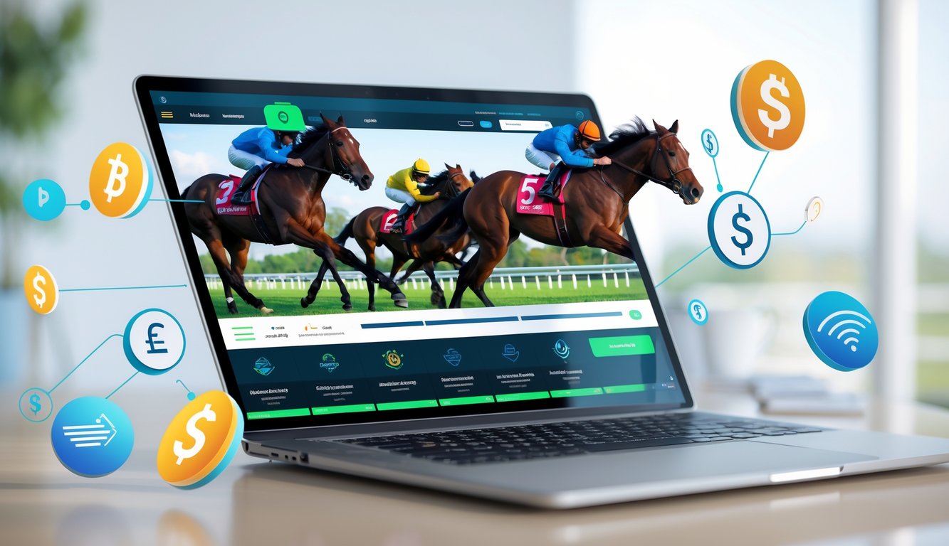 Layar komputer menampilkan siaran langsung balap kuda dengan elemen pembayaran online di sekitarnya.