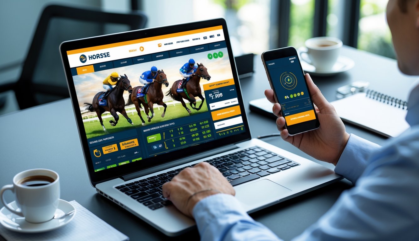 Seseorang menggunakan laptop dan ponsel untuk memasang taruhan balap kuda secara online di meja kerja modern.