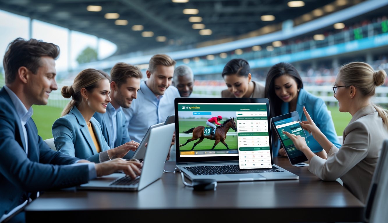 Sekelompok orang menggunakan perangkat digital untuk memasang taruhan balap kuda secara online dengan latar belakang lintasan balap dan grafik taruhan.