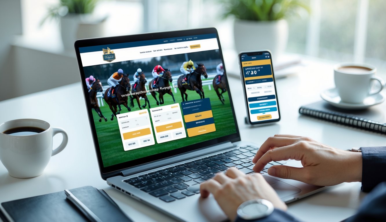 Seseorang menggunakan laptop dan smartphone untuk bertaruh balap kuda online dengan proses pembayaran digital di meja kerja yang rapi.