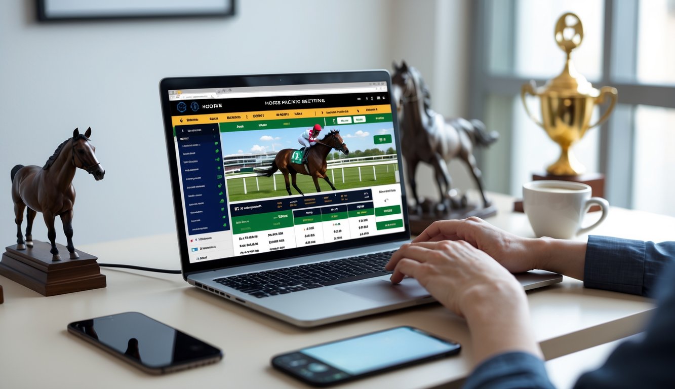 Seseorang menggunakan laptop untuk memasang taruhan balap kuda online di meja kerja dengan ponsel dan kopi di sampingnya.