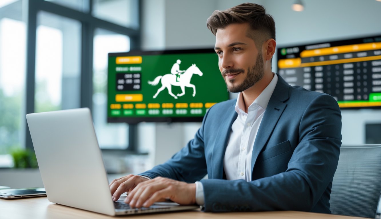 Seorang pria berpakaian rapi menggunakan laptop di kantor modern dengan layar digital menampilkan grafik balap kuda di latar belakang.