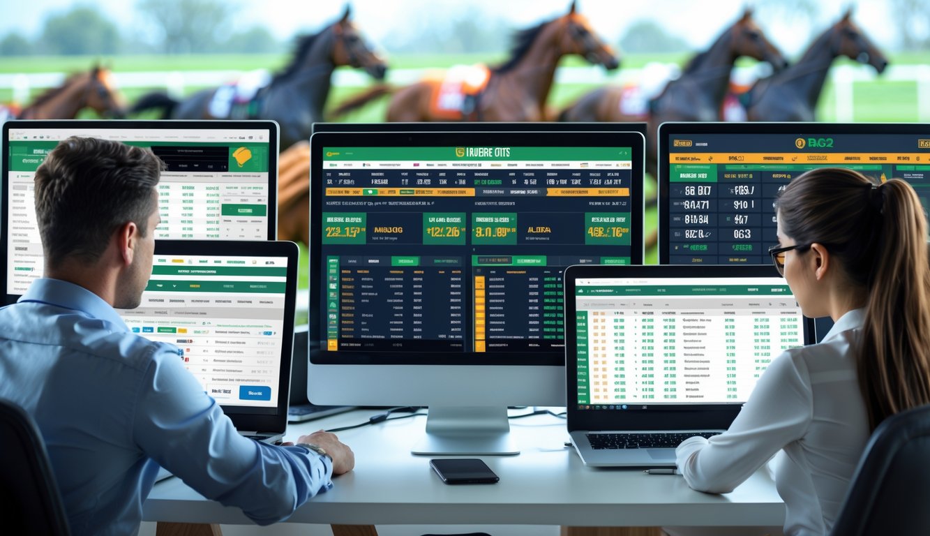 Orang-orang fokus menggunakan komputer dan ponsel untuk memasang taruhan balap kuda secara online dengan layar yang menampilkan informasi balapan dan peluang taruhan.