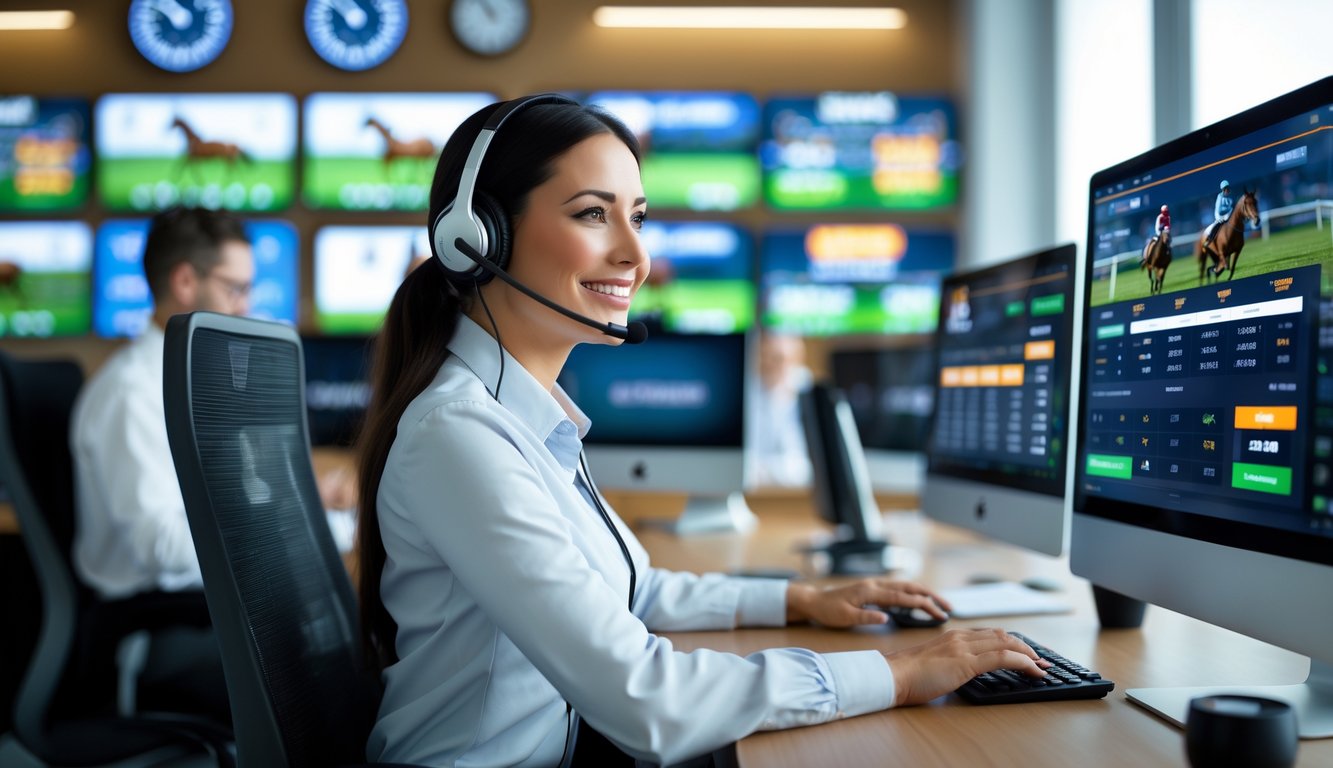 Seorang perwakilan layanan pelanggan dengan headset sedang bekerja di kantor modern dengan layar komputer menampilkan grafik balap kuda.