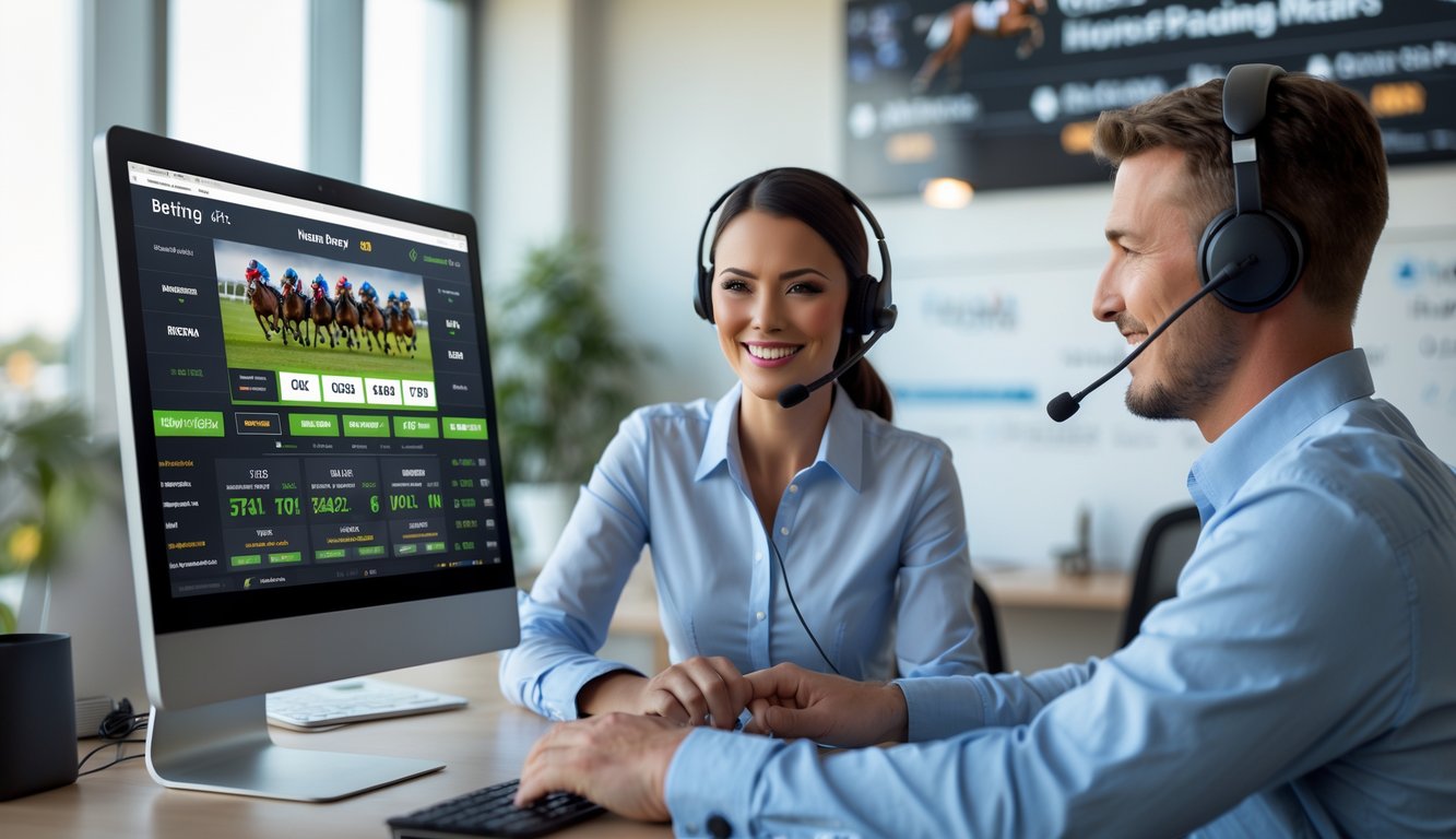 Seorang perwakilan layanan pelanggan dengan headset sedang membantu di depan komputer yang menampilkan grafik balap kuda dalam suasana kantor modern.