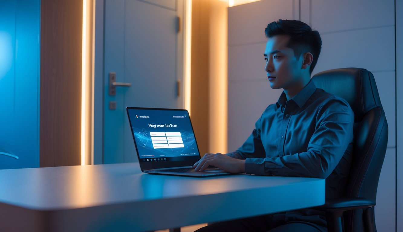 Seseorang duduk di ruang pribadi dengan laptop yang menampilkan sistem pembayaran online yang aman dan cepat.