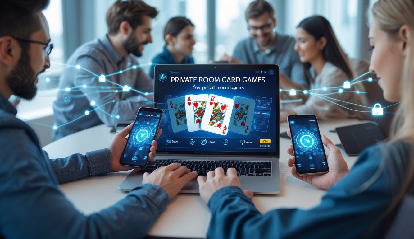 Orang-orang menggunakan perangkat digital untuk bermain game kartu online di lingkungan yang aman dan cepat.