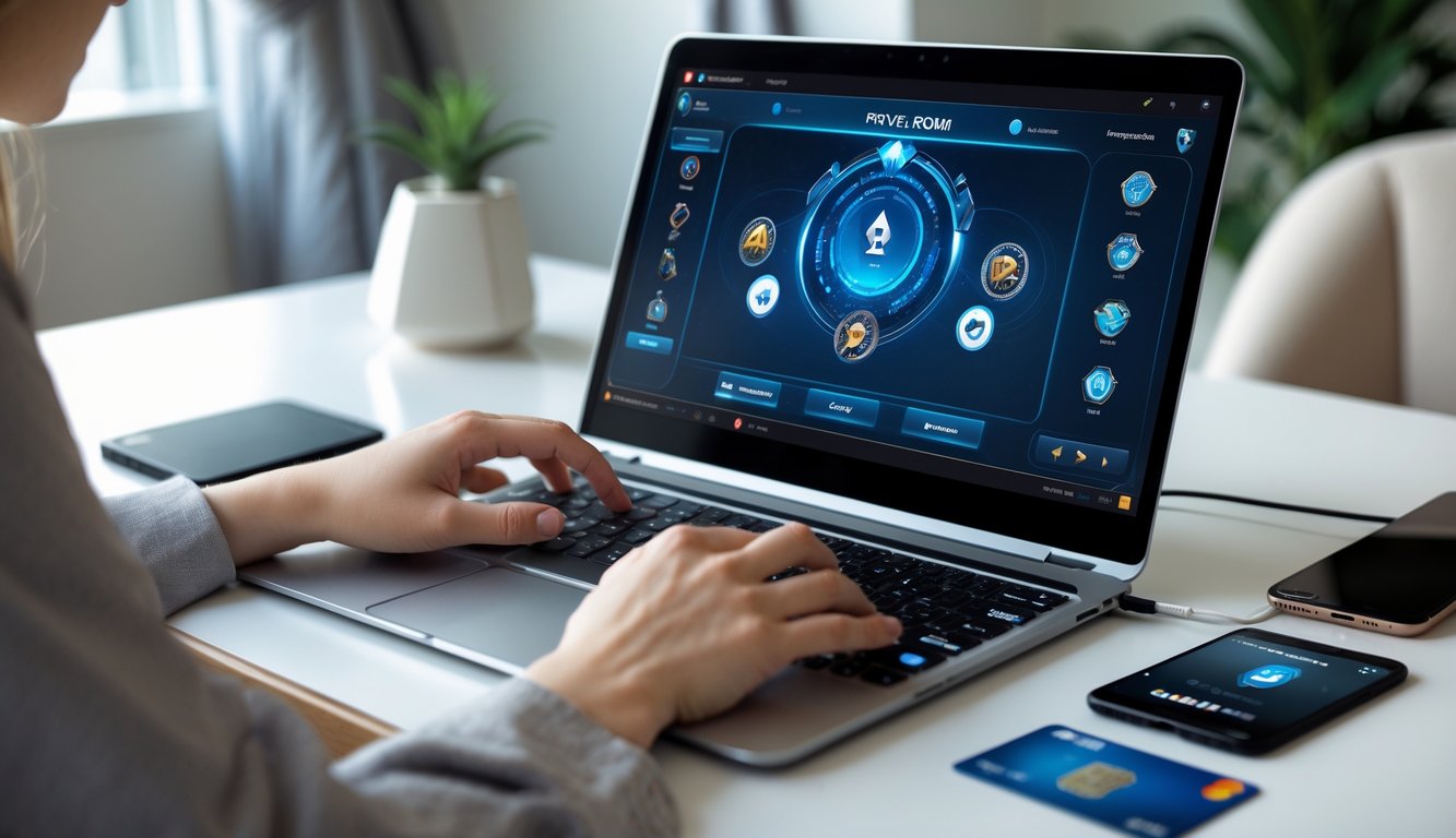 Seseorang menggunakan laptop di meja dengan tampilan permainan kartu online di layar dalam ruangan yang nyaman.