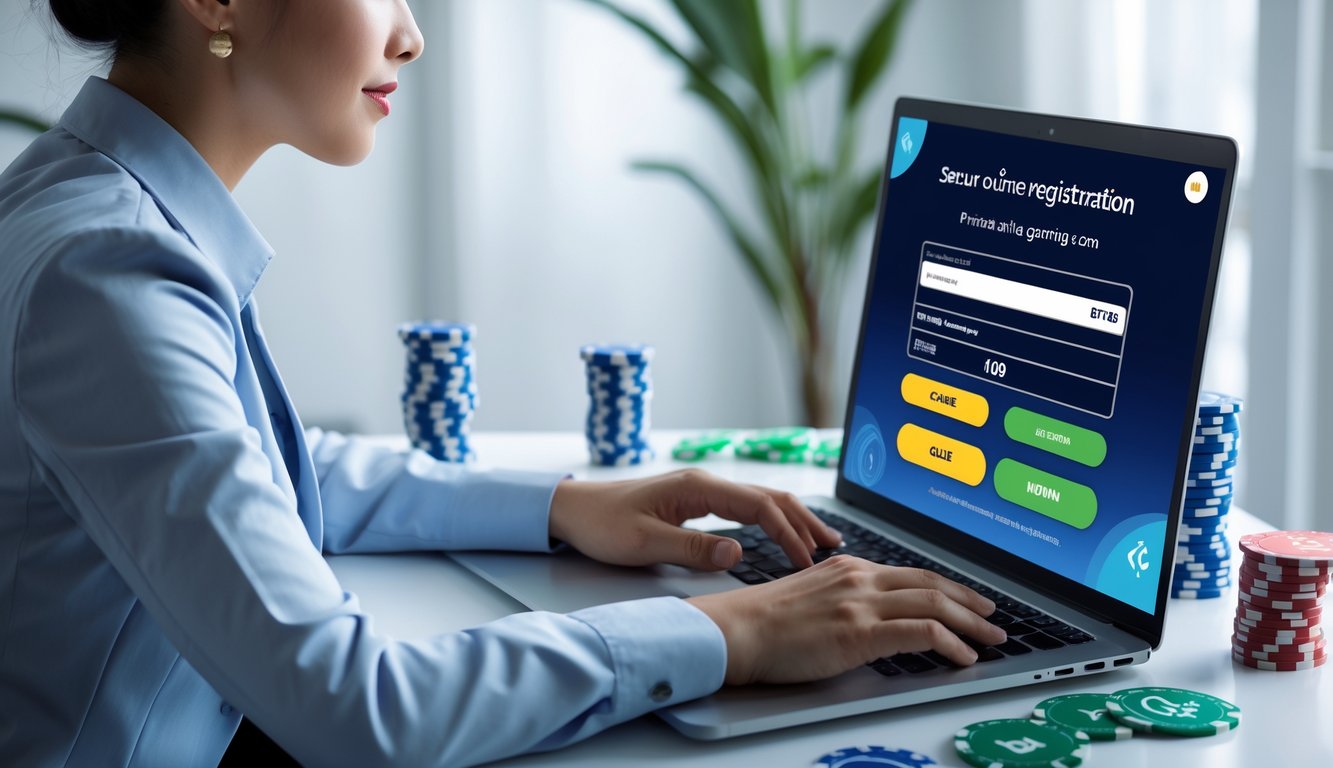 Seseorang sedang menggunakan laptop di meja kerja dengan kartu remi dan chip poker di sekitarnya, menunjukkan proses pendaftaran dan pembayaran online untuk permainan Ceme.