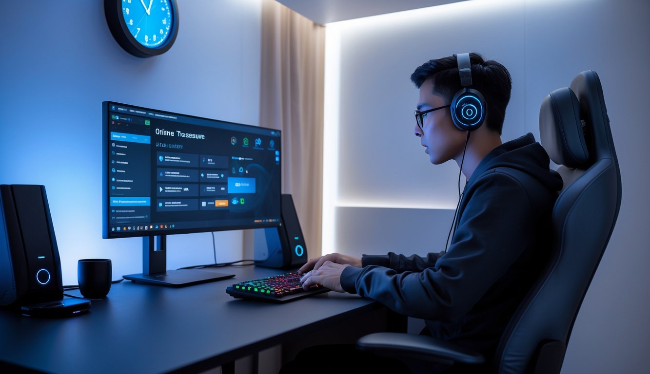 Seorang pria duduk di ruang pribadi dengan komputer desktop, fokus menggunakan perangkat untuk transaksi online di lingkungan yang nyaman dan terang.