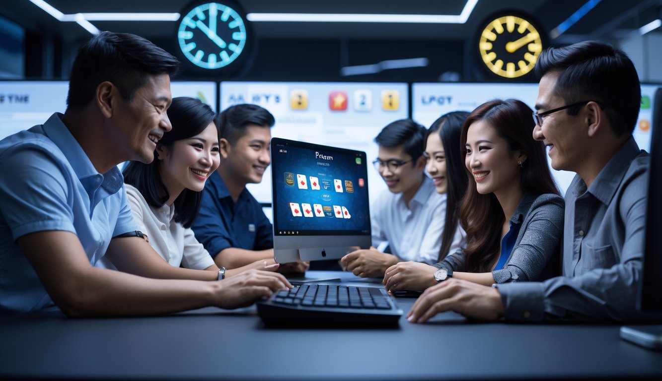 Orang-orang sedang bermain permainan kartu secara online di ruang privat dengan komputer dan suasana yang modern dan nyaman.