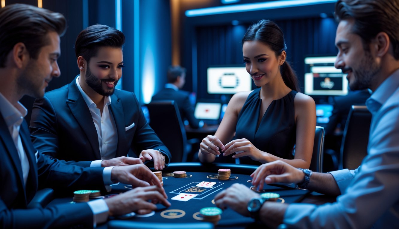 Dua pemain profesional sedang bermain kartu di meja digital dalam ruangan privat dengan perangkat elektronik di sekitar mereka.