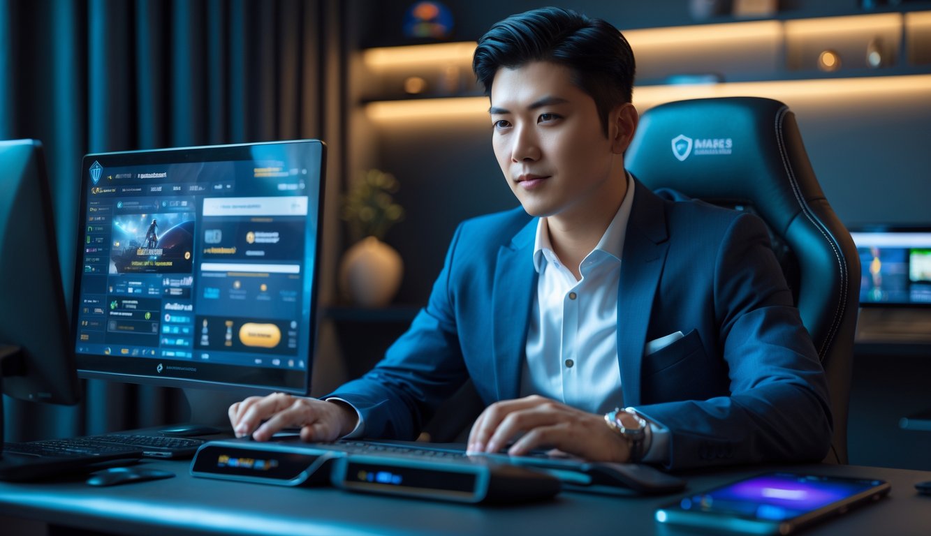 Seorang pria profesional duduk di meja dengan perangkat digital yang menampilkan permainan online di ruangan modern dan nyaman.