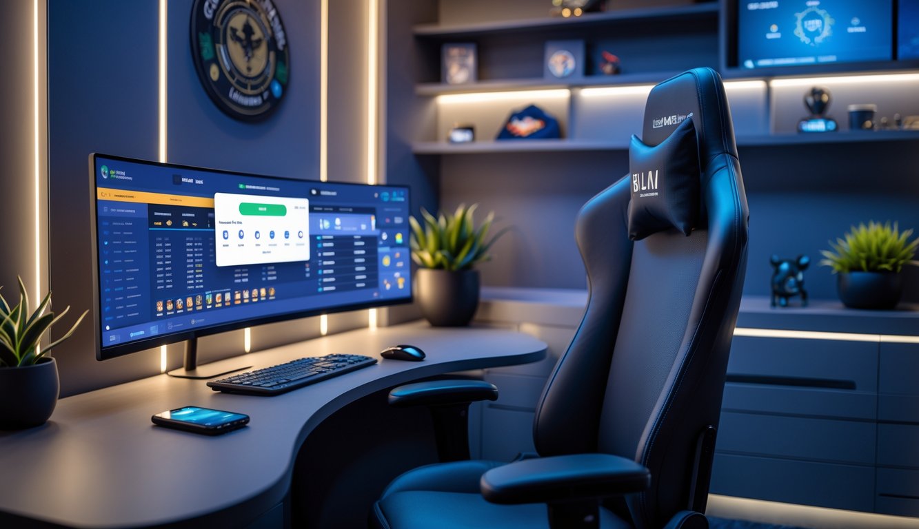 Ruangan pribadi modern dengan meja dan kursi ergonomis, layar komputer menampilkan antarmuka permainan online dan pembayaran digital, suasana nyaman dan profesional.