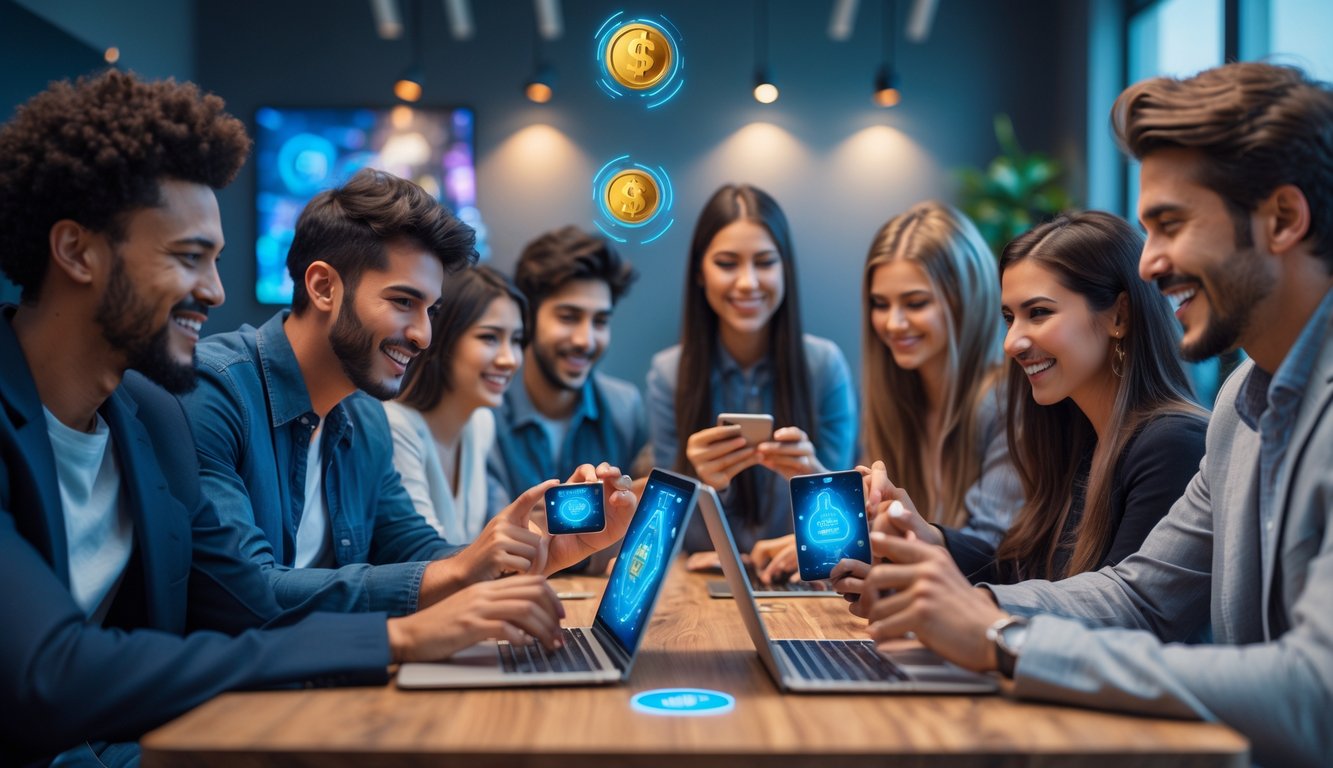 Sekelompok orang muda bermain kartu online di ruangan modern dengan perangkat digital, terlihat antusias dan santai.