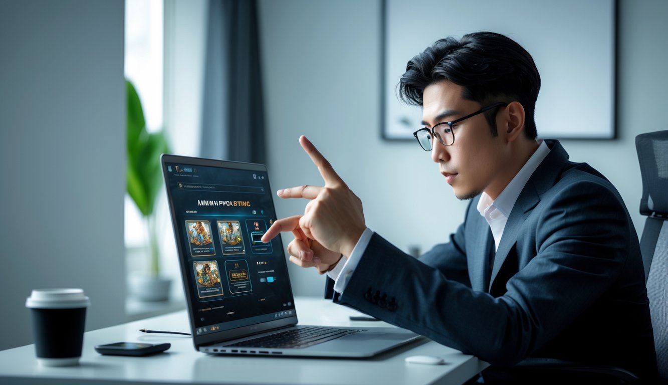 Seorang pria muda duduk di depan laptop di ruang kerja rumah yang rapi, fokus pada layar komputer sambil membuat catatan.