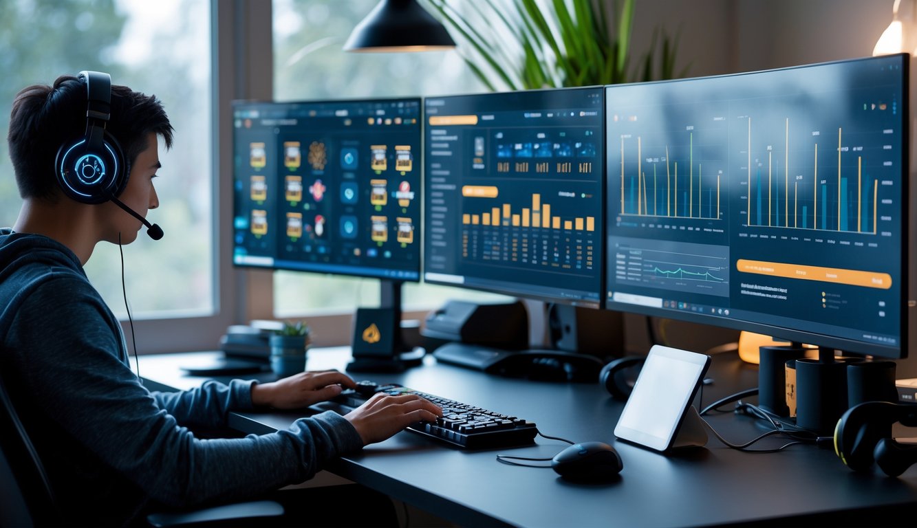 Seseorang duduk di meja dengan beberapa monitor menampilkan permainan kartu digital dan grafik, menggunakan ponsel untuk pembayaran online di ruang kerja yang rapi.