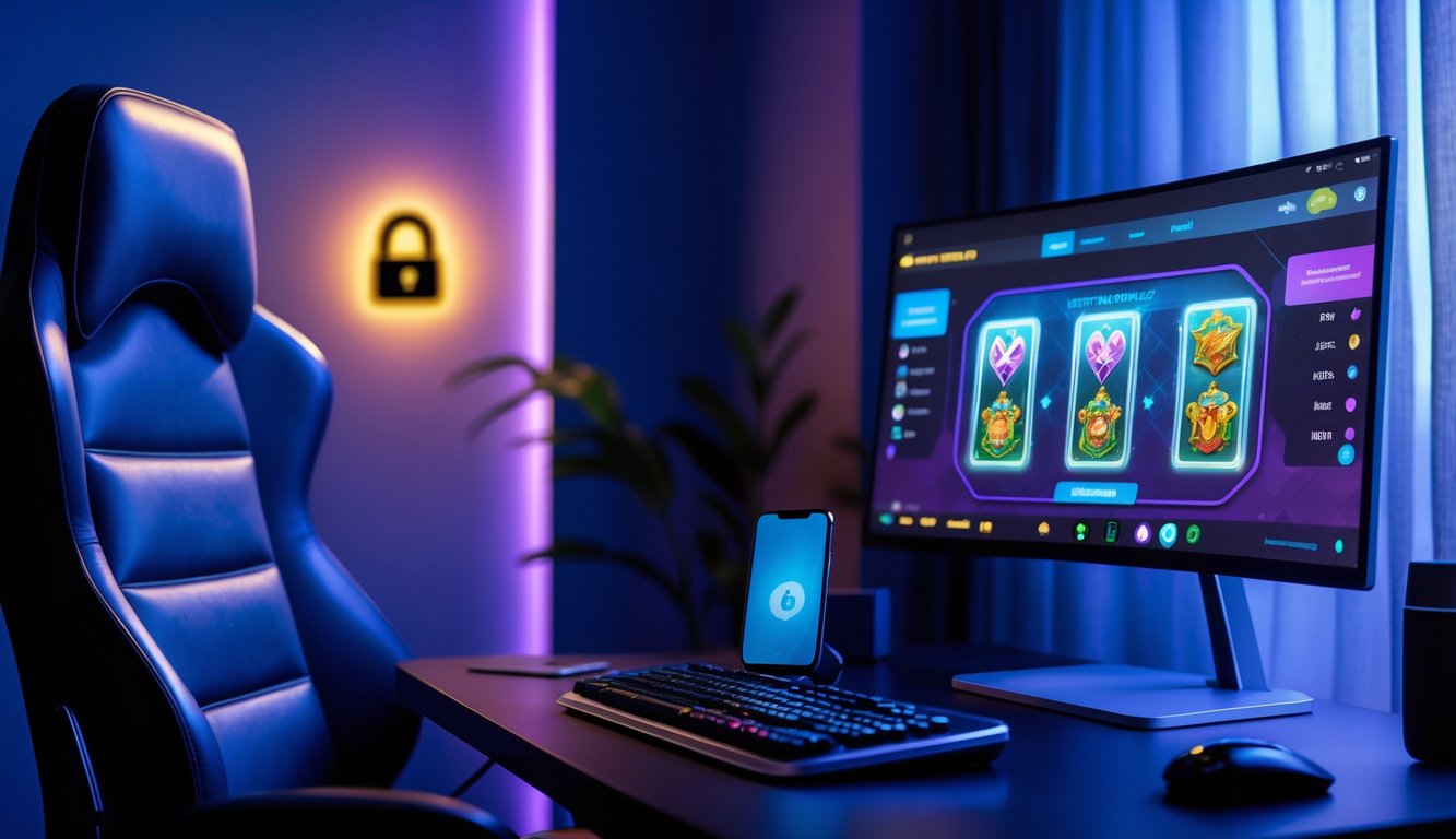 Ruang permainan online pribadi dengan monitor besar menampilkan permainan kartu, kursi nyaman, dan perangkat teknologi di meja.