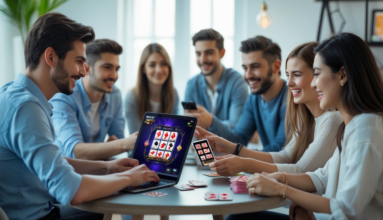 Beberapa orang muda bermain permainan kartu secara online di laptop di ruang tamu yang nyaman.