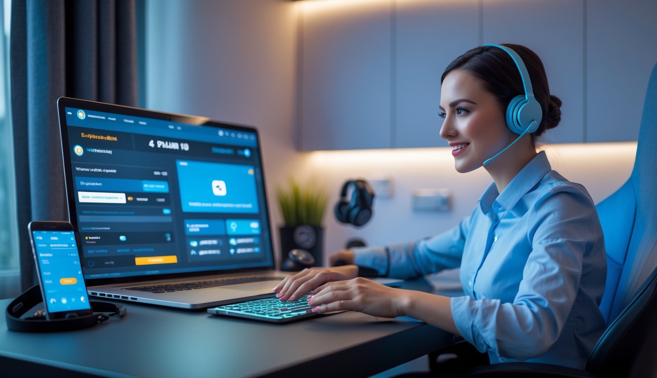 Seorang pria di ruang pribadi menggunakan laptop untuk transaksi online dengan suasana yang nyaman dan profesional.