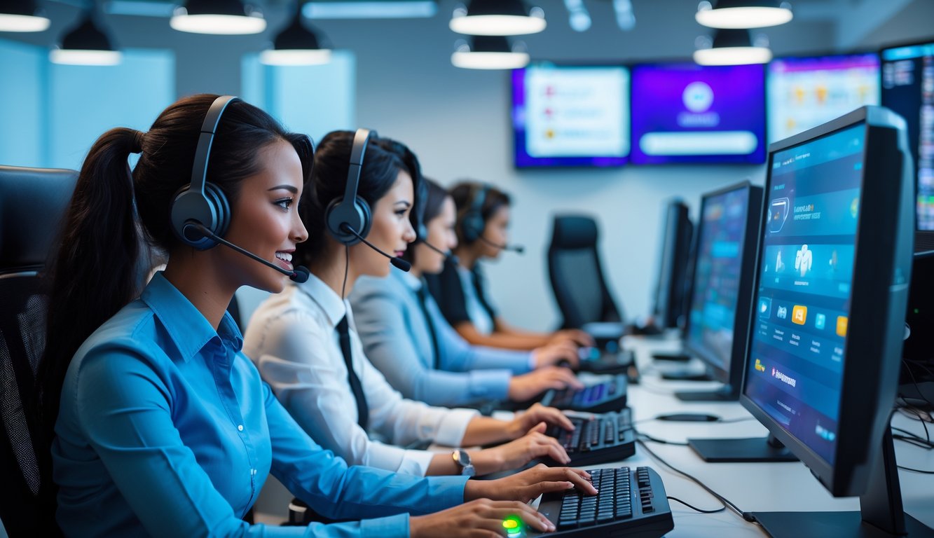 Tim layanan pelanggan yang sedang bekerja di kantor modern dengan komputer dan headset, melayani pengguna platform permainan online.
