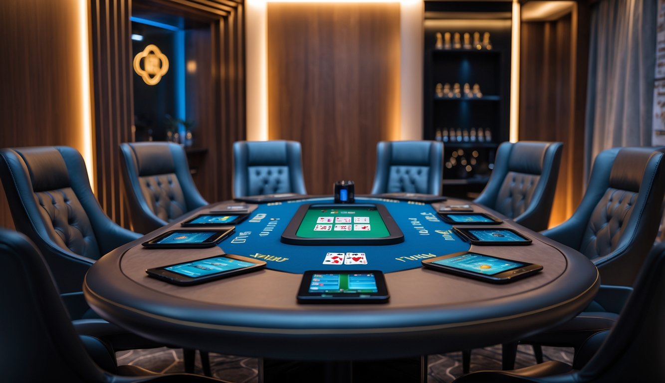 Ruang permainan pribadi dengan meja VIP eksklusif dan perangkat digital untuk bermain kartu online.