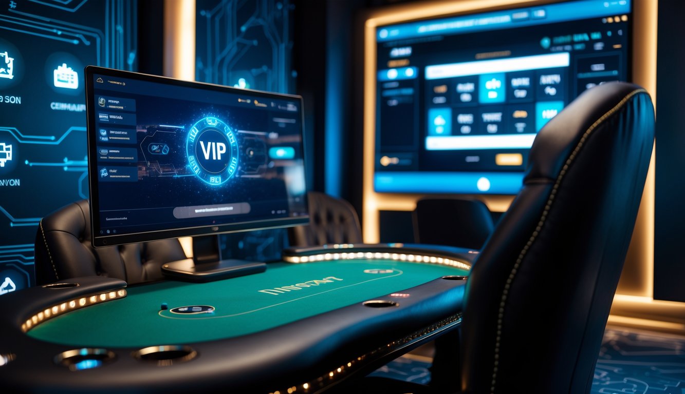 Ruangan privat online dengan meja poker VIP, kursi kulit, dan layar komputer menampilkan permainan kartu digital dengan suasana pencahayaan biru dan emas.