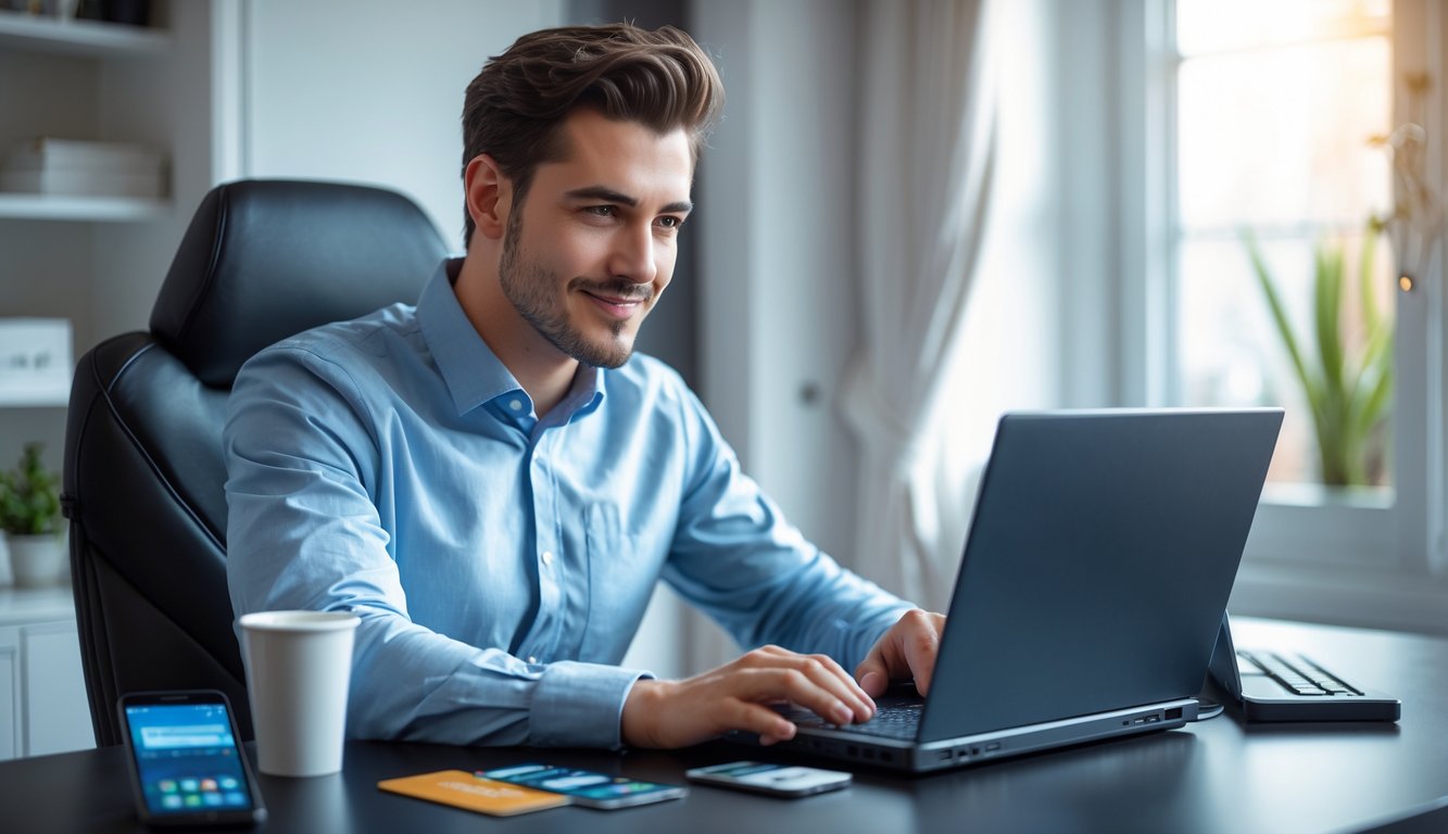 Seorang pria muda duduk di meja dengan laptop dan ponsel, terlihat fokus dan puas menggunakan platform permainan online dengan pembayaran digital.